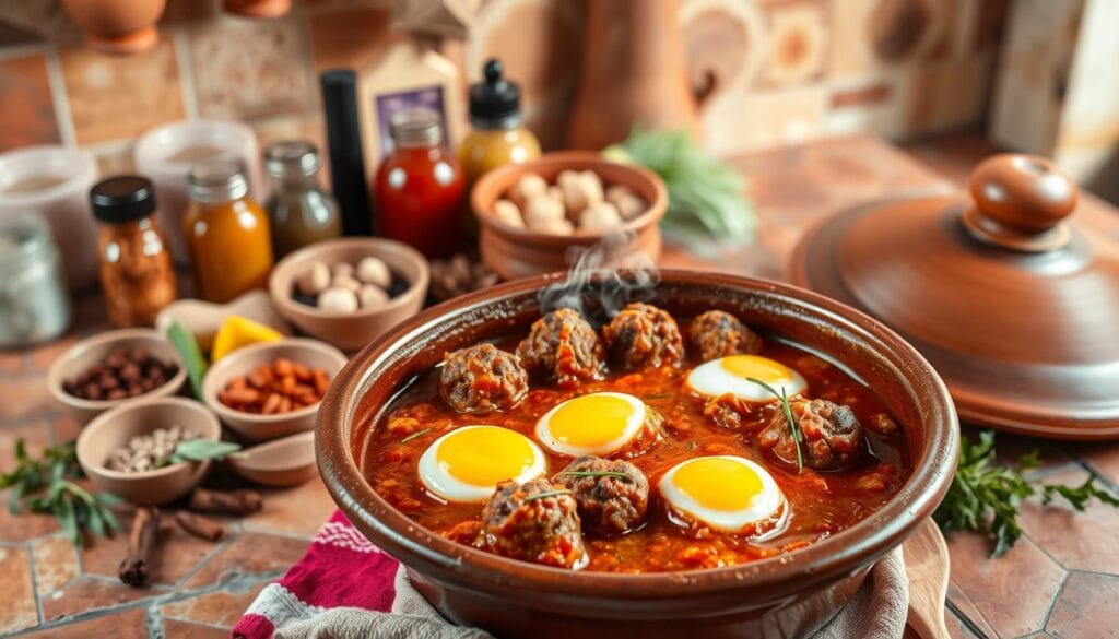 A beautifully composed Moroccan Kefta Tagine with Eggs, set against a rustic earthenware background. In the foreground, a steaming tagine dish filled with fragrant ground beef meatballs, simmered in a rich, aromatic tomato-based sauce, dotted with perfectly cooked eggs. The middle ground features a selection of traditional Moroccan spices, herbs, and condiments, artfully arranged around the tagine. The background showcases a warm, inviting kitchen setting, with terracotta tiles, a weathered wooden table, and soft, natural lighting casting a golden glow over the scene. Convey the comforting, homemade essence of this beloved Moroccan dish. A beautifully composed Moroccan Kefta Tagine with Eggs, set against a rustic earthenware background. In the foreground, a steaming tagine dish filled with fragrant ground beef meatballs, simmered in a rich, aromatic tomato-based sauce, dotted with perfectly cooked eggs. The middle ground features a selection of traditional Moroccan spices, herbs, and condiments, artfully arranged around the tagine. The background showcases a warm, inviting kitchen setting, with terracotta tiles, a weathered wooden table, and soft, natural lighting casting a golden glow over the scene. Convey the comforting, homemade essence of this beloved Moroccan dish.