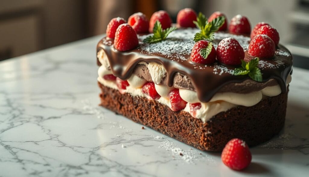 A beautifully crafted, mouthwatering ice cream cake resting on a marble countertop. The cake has layers of rich chocolate sponge, creamy vanilla ice cream, and a smooth chocolate ganache glaze. Garnished with fresh raspberries, mint leaves, and a dusting of powdered sugar, creating a visually appealing and inviting dessert. Soft, warm lighting illuminates the scene, casting a cozy and indulgent atmosphere. Photographed at a low angle, capturing the intricate textures and capturing the decadence of this easy-to-make ice cream cake.