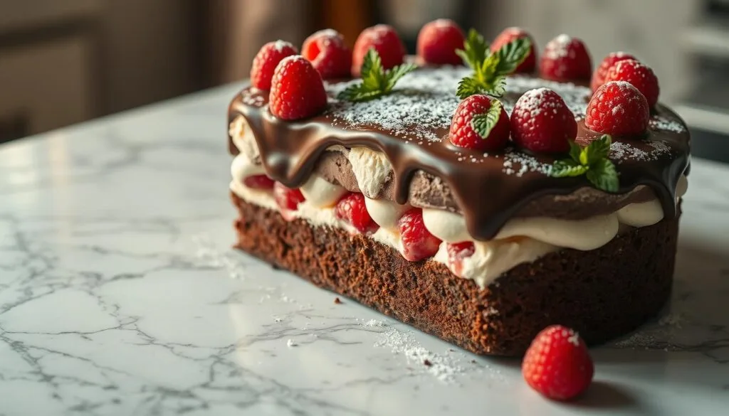 A beautifully crafted, mouthwatering ice cream cake resting on a marble countertop. The cake has layers of rich chocolate sponge, creamy vanilla ice cream, and a smooth chocolate ganache glaze. Garnished with fresh raspberries, mint leaves, and a dusting of powdered sugar, creating a visually appealing and inviting dessert. Soft, warm lighting illuminates the scene, casting a cozy and indulgent atmosphere. Photographed at a low angle, capturing the intricate textures and capturing the decadence of this easy-to-make ice cream cake.