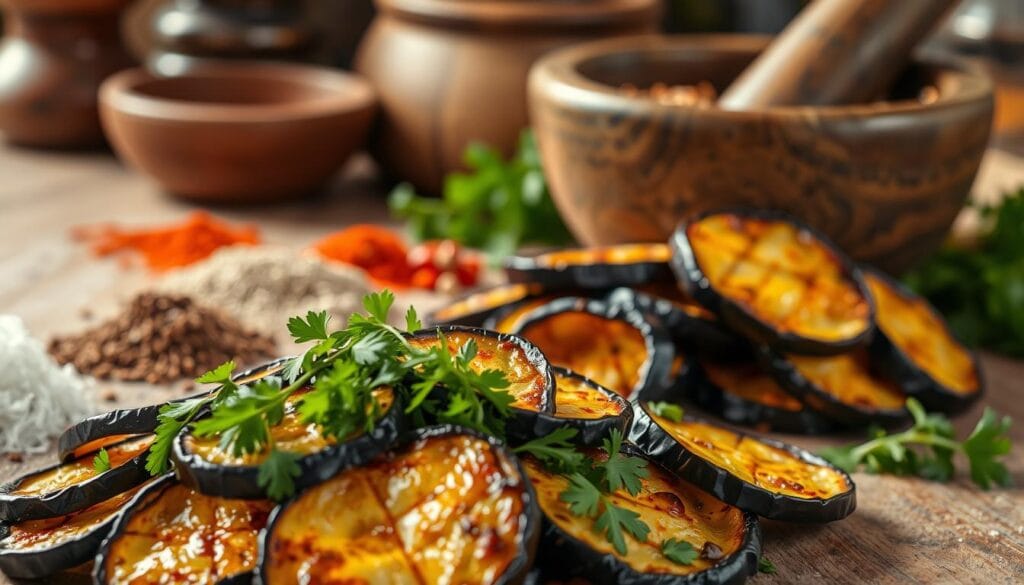 A beautifully lit close-up shot of a selection of fresh Moroccan spices and herbs, including cumin, paprika, coriander, and parsley, arranged on a rustic wooden table. In the foreground, a pile of roasted and charred eggplant slices, glistening with olive oil and garnished with vibrant green sprigs. The middle ground features a mortar and pestle, with the aromatic blend of the spices just ground. The background is softly blurred, evoking the warmth and comfort of a traditional Moroccan kitchen. The overall scene emanates the rich, earthy, and slightly smoky flavor profile of the authentic Zaalouk dish. A beautifully lit close-up shot of a selection of fresh Moroccan spices and herbs, including cumin, paprika, coriander, and parsley, arranged on a rustic wooden table. In the foreground, a pile of roasted and charred eggplant slices, glistening with olive oil and garnished with vibrant green sprigs. The middle ground features a mortar and pestle, with the aromatic blend of the spices just ground. The background is softly blurred, evoking the warmth and comfort of a traditional Moroccan kitchen. The overall scene emanates the rich, earthy, and slightly smoky flavor profile of the authentic Zaalouk dish.