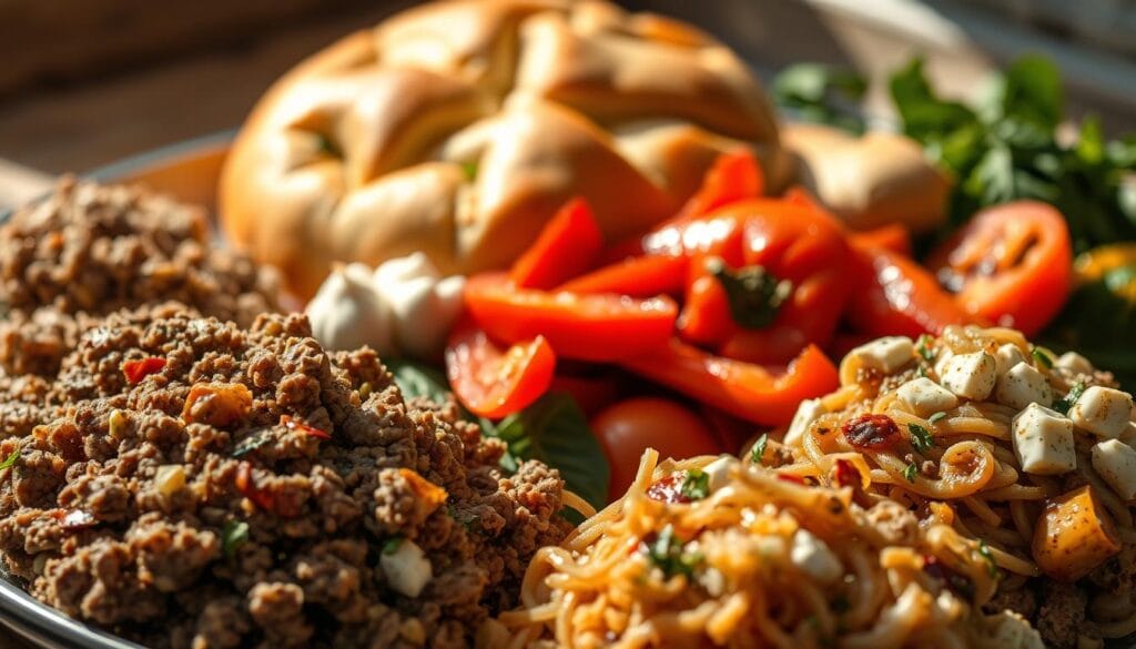 A bountiful arrangement of savory briouat fillings, capturing the essence of Moroccan cuisine. In the foreground, a platter showcases an array of tempting fillings - tender ground lamb infused with aromatic spices, tangy goat cheese studded with fragrant herbs, and rich, creamy chicken laced with caramelized onions. The middle ground reveals a selection of vibrant vegetables, including roasted red peppers, sautéed spinach, and fragrant garlic, complementing the fillings. In the background, a soft, golden-hued pastry shell takes center stage, hinting at the delicate texture and flaky perfection that awaits. The scene is bathed in warm, natural lighting, casting a cozy, inviting atmosphere reminiscent of a traditional Moroccan kitchen. Subtle shadows and highlights accentuate the depth and dimensionality of the composition.