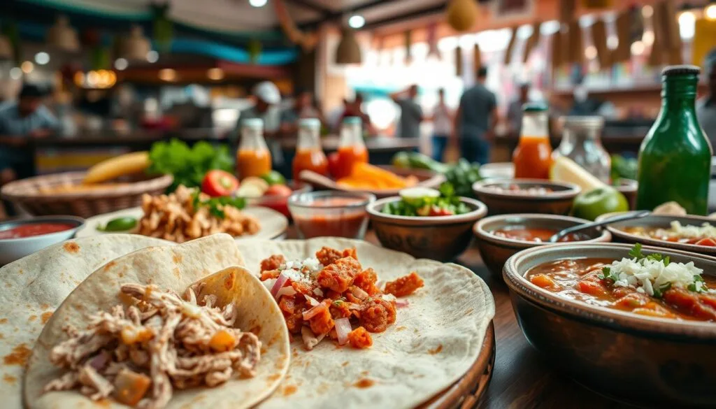 A bountiful spread of traditional Mexican cuisine fills the frame, the vibrant colors and textures creating a feast for the senses. In the foreground, warm tortillas, freshly made, await their fillings - shredded chicken, spicy chorizo, and tangy queso fresco. Mid-ground, an array of salsas and condiments, each with its own unique flavor profile, dance across a rustic wooden table. In the background, a glimpse of a lively Mexican market, bustling with activity, sets the scene. Soft, natural lighting casts a warm glow, lending an inviting atmosphere to this celebration of Mexican culinary tradition.