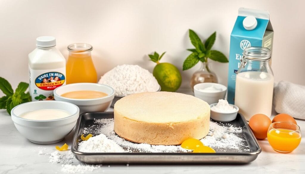 A bountiful still life showcasing the essential ingredients for a classic tres leches cake. In the foreground, a tray displays the wet ingredients: a bowl of condensed milk, another of evaporated milk, and a carton of whole milk. In the middle ground, a velvety sponge cake rests, surrounded by a scattering of granulated sugar, egg yolks, and a dusting of all-purpose flour. In the background, a backdrop of creamy-white features a sprig of fresh mint, a zest of lime, and a drizzle of light rum, hinting at the rich, decadent flavors to come. Lit by soft, natural lighting and captured with a crisp, high-resolution lens, this image evokes the homemade elegance of the tres leches cake. A bountiful still life showcasing the essential ingredients for a classic tres leches cake. In the foreground, a tray displays the wet ingredients: a bowl of condensed milk, another of evaporated milk, and a carton of whole milk. In the middle ground, a velvety sponge cake rests, surrounded by a scattering of granulated sugar, egg yolks, and a dusting of all-purpose flour. In the background, a backdrop of creamy-white features a sprig of fresh mint, a zest of lime, and a drizzle of light rum, hinting at the rich, decadent flavors to come. Lit by soft, natural lighting and captured with a crisp, high-resolution lens, this image evokes the homemade elegance of the tres leches cake.