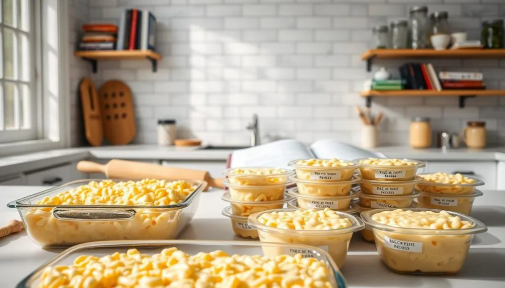 A bright, airy kitchen scene showcasing various tips for freezing mac and cheese. In the foreground, a glass baking dish filled with creamy, cheesy mac and cheese. Surrounding it, neatly arranged stacks of individual portions, labeled with freezing guidelines. In the middle ground, a countertop with a rolling pin, a measuring cup, and a cookbook open to a mac and cheese recipe. The background features a subway tile backsplash, open shelving displaying cookbooks and mason jars, and a large window letting in natural light. The scene conveys a sense of culinary expertise and practical tips for preserving this comfort food favorite.