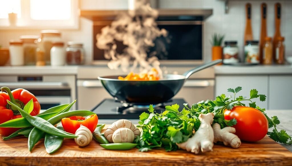 A bright, cheerful kitchen scene with a wooden chopping board in the foreground, showcasing various fresh vegetables and herbs - vibrant bell peppers, crisp snow peas, fragrant ginger, and leafy cilantro. In the middle ground, a sizzling wok on a modern stove, with steam rising, capturing the essence of a dynamic stir-fry in progress. The background features gleaming kitchen appliances, jars of spices, and a clean, white tile backsplash, creating a sense of organization and culinary expertise. Warm, natural lighting from a large window bathes the scene, highlighting the textures and colors of the ingredients. The overall mood is one of efficiency, creativity, and the joy of homemade cooking.