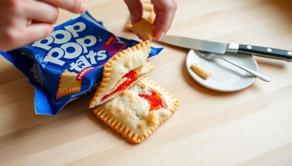 A bright, well-lit kitchen counter with a wooden surface. On the counter, a package of Pop-Tarts is being carefully opened, revealing the flaky, golden-brown pastry inside. The pastry is gently pulled apart, exposing the vibrant fruit filling that oozes with a sweet aroma. Beside the Pop-Tarts, a sharp knife and a small plate are neatly arranged, ready to slice the pastry into bite-sized pieces. The scene is captured from a slightly elevated angle, creating a sense of order and precision, as if preparing a delicate dessert. The overall mood is one of anticipation and attention to detail, setting the stage for the delightful Pop-Tart ice cream to come.