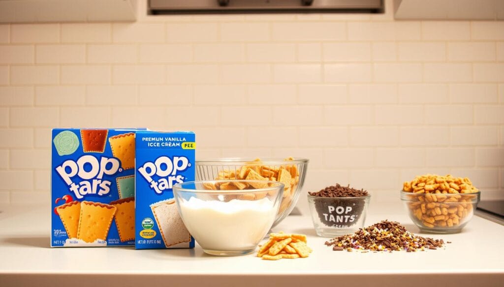 A cheerful, well-lit kitchen counter showcases an array of colorful ingredients for crafting delectable Pop-Tart ice cream. In the foreground, a box of assorted Pop-Tart flavors, a carton of premium vanilla ice cream, and a mixing bowl set the stage. In the middle ground, artfully arranged toppings like crumbled graham crackers, chocolate shavings, and sprinkles await their culinary destiny. The background features a clean, minimalist tiled wall, creating a crisp, inviting atmosphere. Warm, natural lighting from overhead illuminates the scene, highlighting the textures and vibrant hues of the diverse ingredients, ready to be transformed into a unique, indulgent frozen treat. A cheerful, well-lit kitchen counter showcases an array of colorful ingredients for crafting delectable Pop-Tart ice cream. In the foreground, a box of assorted Pop-Tart flavors, a carton of premium vanilla ice cream, and a mixing bowl set the stage. In the middle ground, artfully arranged toppings like crumbled graham crackers, chocolate shavings, and sprinkles await their culinary destiny. The background features a clean, minimalist tiled wall, creating a crisp, inviting atmosphere. Warm, natural lighting from overhead illuminates the scene, highlighting the textures and vibrant hues of the diverse ingredients, ready to be transformed into a unique, indulgent frozen treat.