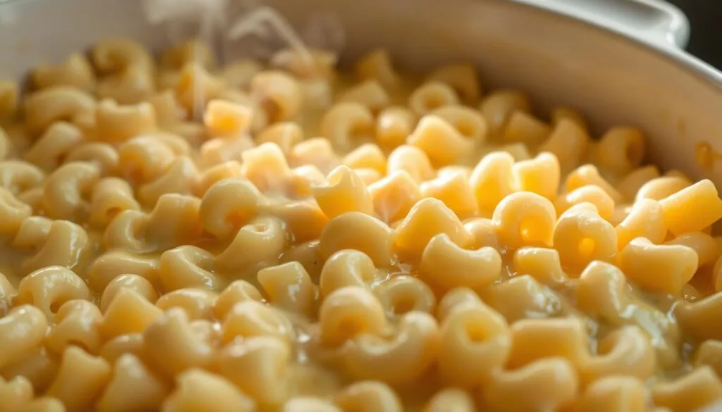 A close-up shot of a ceramic baking dish filled with thawing, softening macaroni and cheese. The once-frozen casserole has started to release its melty, gooey cheese sauce, with gentle steam rising from the warm, creamy mixture. Scattered throughout are small pockets of unmelted cheese curds and macaroni noodles, hinting at the satisfying texture to come. Soft, indirect lighting from the side casts a warm, natural glow across the scene, highlighting the inviting, comforting nature of the dish. The camera angle is slightly elevated, allowing the viewer to peer down into the simmering, reviving mac and cheese, ready to be scooped and savored.