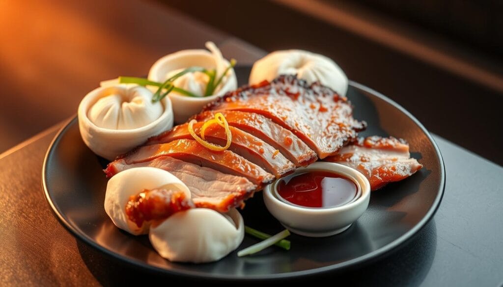 A contemporary Peking duck dish, artfully presented on a sleek black plate. The succulent, crispy-skinned duck is paired with delicate steamed buns, vibrant scallions, and a rich, umami-packed dipping sauce. Soft, warm lighting casts a gentle glow, highlighting the intricate layers of flavor and texture. The composition is modern and minimalist, allowing the star ingredient to shine. A hint of aromatic spices and citrus zest add depth, while the carefully plated elements convey a sense of culinary sophistication. This image captures the evolution of traditional Peking duck into a refined, contemporary delicacy.