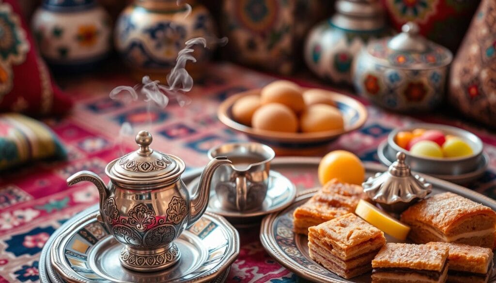 A cozy Moroccan setting, a low table adorned with colorful textiles and ceramics. In the foreground, an ornate silver teapot and matching cups brimming with fragrant mint tea, steam rising gently. Alongside, an assortment of traditional Moroccan pastries, baklava, and fresh fruit, their colors and textures complementing the tea. The lighting is warm and soft, evoking the welcoming ambiance of a Marrakech tea house. The composition is balanced, inviting the viewer to imagine the flavors and aromas of this quintessential Moroccan pairing.