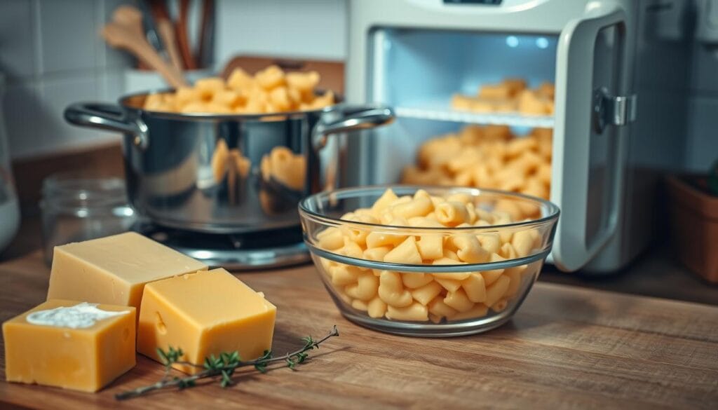 A cozy kitchen counter with an array of ingredients and tools for preparing homemade mac and cheese. In the foreground, a block of cheddar cheese, a pat of butter, and a sprig of fresh thyme. In the middle ground, a saucepan filled with a creamy, melted cheese sauce and a mixing bowl of pre-cooked elbow macaroni. In the background, a vintage-style freezer, its door ajar, revealing the frozen portions of mac and cheese waiting to be enjoyed at a later time. Soft, even lighting illuminates the scene, creating a welcoming and inviting atmosphere for the perfect freezer-friendly comfort food.