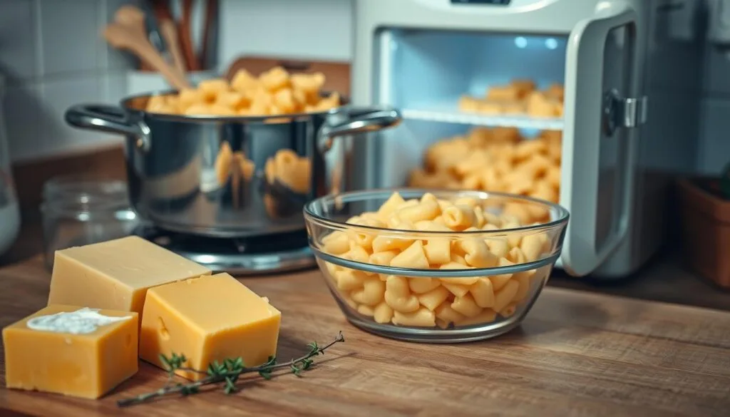 A cozy kitchen counter with an array of ingredients and tools for preparing homemade mac and cheese. In the foreground, a block of cheddar cheese, a pat of butter, and a sprig of fresh thyme. In the middle ground, a saucepan filled with a creamy, melted cheese sauce and a mixing bowl of pre-cooked elbow macaroni. In the background, a vintage-style freezer, its door ajar, revealing the frozen portions of mac and cheese waiting to be enjoyed at a later time. Soft, even lighting illuminates the scene, creating a welcoming and inviting atmosphere for the perfect freezer-friendly comfort food. A cozy kitchen counter with an array of ingredients and tools for preparing homemade mac and cheese. In the foreground, a block of cheddar cheese, a pat of butter, and a sprig of fresh thyme. In the middle ground, a saucepan filled with a creamy, melted cheese sauce and a mixing bowl of pre-cooked elbow macaroni. In the background, a vintage-style freezer, its door ajar, revealing the frozen portions of mac and cheese waiting to be enjoyed at a later time. Soft, even lighting illuminates the scene, creating a welcoming and inviting atmosphere for the perfect freezer-friendly comfort food.