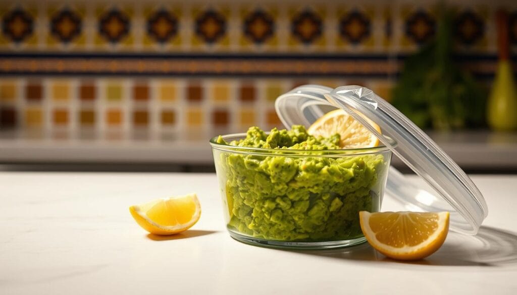 A crisp, well-lit kitchen counter with a glass container filled with fresh guacamole, its vibrant green hue and chunky texture inviting. Beside it, a clear plastic wrap cover and a lemon wedge, suggesting simple storage tips. The lighting is soft and diffused, creating a warm, appetizing ambiance. In the background, a Mexican-inspired tile backsplash and a row of herbs or spices, hinting at the homemade, authentic nature of the guacamole. The overall scene conveys a sense of culinary expertise and the care taken to preserve the flavor and freshness of the delectable dip.