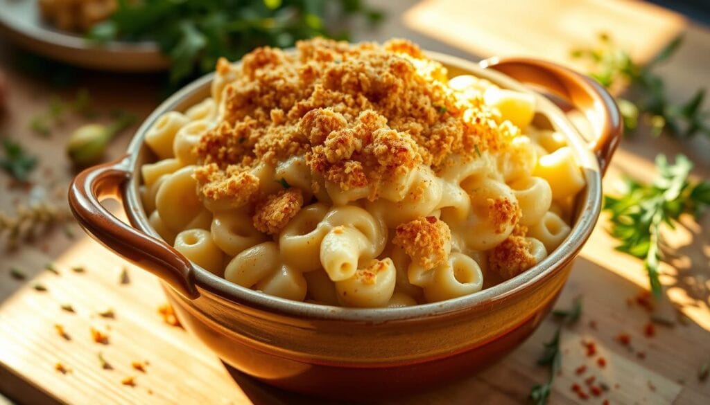 A delectable arrangement of Tini's signature mac and cheese, served in a rustic ceramic dish, bathed in warm, golden light. The creamy, decadent pasta is topped with a crisp, golden-brown breadcrumb crust, inviting the viewer to imagine the satisfying crunch and oozing, cheesy goodness within. Positioned on a wooden table, surrounded by fresh herbs and a sprinkle of paprika, creating a visually appealing and appetizing scene that captures the comforting essence of this classic comfort food. The image conveys a sense of homemade warmth and effortless elegance, perfectly suited to illustrate the "Serving Suggestions and Crowd Pleaser Moments" section of the article.