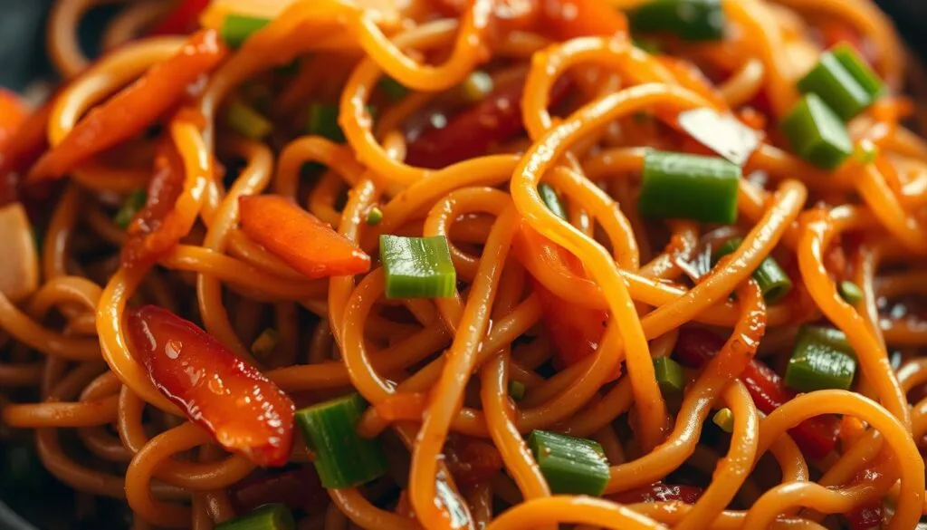 A delectable close-up of freshly stir-fried noodles, glistening with a savory sauce and dotted with crisp vegetables. The noodles, cooked to al dente perfection, are twirled and intertwined, creating an inviting, textural display. Vibrant slivers of carrot, bell pepper, and scallions add pops of color and crunch, while a light, even sear lends the dish an appetizing caramelized edge. Warm, golden lighting casts a comforting glow, heightening the dish's enticing aromas. The composition is straightforward yet visually striking, with the noodles as the focal point, beautifully showcasing the simplicity and flavor of this quintessential Chinese stir-fry.