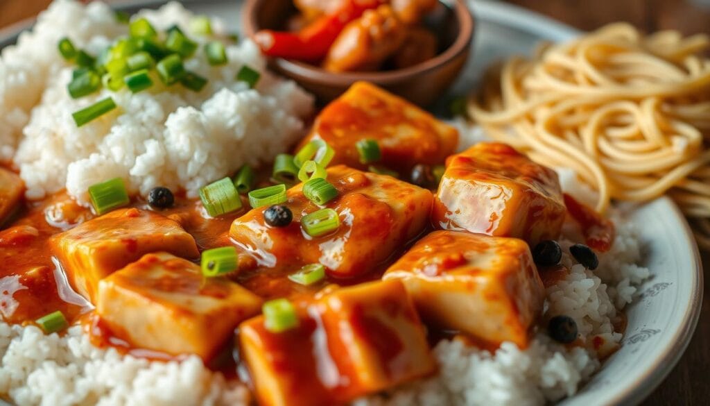 A delectable spread of Mapo Tofu, steaming hot and garnished with vibrant green onions, is served alongside fluffy white rice and a tangle of springy noodles. The tofu glistens with a rich, savory sauce that beckons to be scooped up. Aromatic Sichuan peppercorns add a subtle tingling sensation, complementing the dish's bold flavors. The arrangement is captured in a softly lit scene, with the textures and colors of the ingredients creating a visually enticing presentation. A sense of comfort and authenticity permeates the image, inviting the viewer to savor this quintessential Sichuan delicacy. A delectable spread of Mapo Tofu, steaming hot and garnished with vibrant green onions, is served alongside fluffy white rice and a tangle of springy noodles. The tofu glistens with a rich, savory sauce that beckons to be scooped up. Aromatic Sichuan peppercorns add a subtle tingling sensation, complementing the dish's bold flavors. The arrangement is captured in a softly lit scene, with the textures and colors of the ingredients creating a visually enticing presentation. A sense of comfort and authenticity permeates the image, inviting the viewer to savor this quintessential Sichuan delicacy.