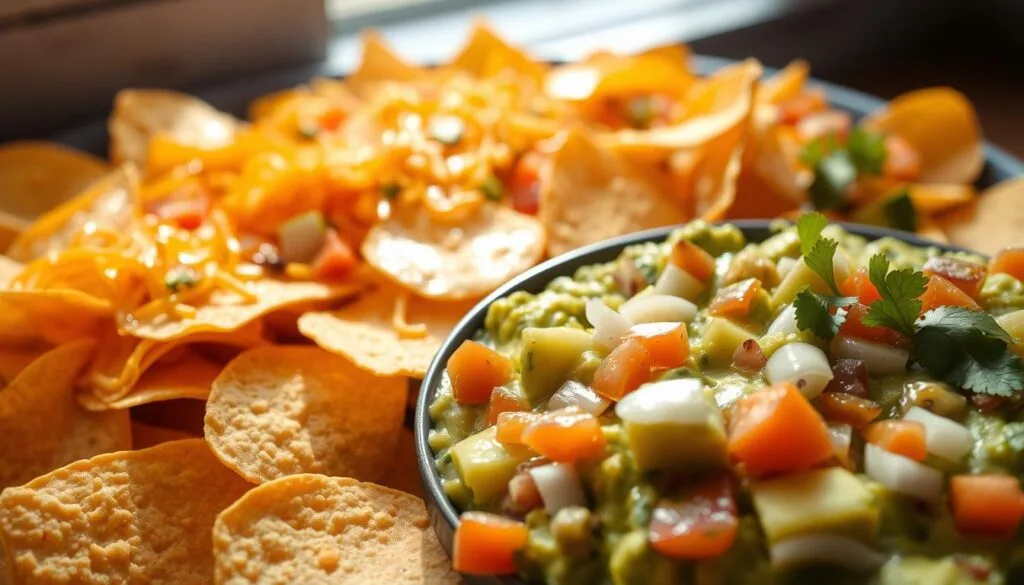 A delectable spread of freshly fried tortilla chips, glistening with a generous layer of melted cheddar and Monterey Jack cheeses. In the foreground, a vibrant green guacamole dip, flecked with ripe avocado chunks, diced tomatoes, onions, and a hint of cilantro. The scene is illuminated by warm, natural lighting, creating a soft, inviting atmosphere. The arrangement is captured from a slightly elevated angle, showcasing the textures and colors of this authentic Mexican culinary delight.