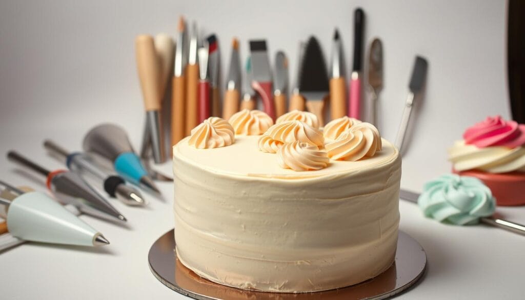 A delightful assortment of birthday cake decorating techniques, showcased in a well-lit, professional-style studio setting. In the foreground, intricate piping and swirling frosting patterns adorn a freshly baked cake, its smooth surface gleaming under the soft, directional lighting. In the middle ground, an array of decorating tools, from piping bags to specialty spatulas, are neatly arranged, hinting at the range of possibilities. The background features a clean, seamless backdrop, allowing the focus to remain on the cake and the art of its decoration. The overall mood is one of creativity, precision, and the joy of homemade baking.