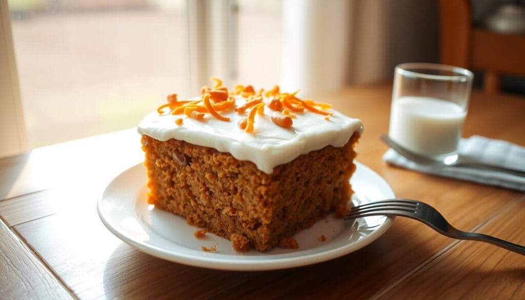 A delightful homemade carrot cake, fresh from the oven, sits on a wooden table. The moist, golden sponge is topped with a luscious cream cheese frosting, sprinkled with shredded carrot curls. Bright natural light filters through a nearby window, casting a warm glow on the tempting treat. A glass of milk and a fork await, ready to dive into this irresistible dessert. The scene evokes a cozy, inviting atmosphere, perfect for a step-by-step guide to baking the ultimate carrot cake. A delightful homemade carrot cake, fresh from the oven, sits on a wooden table. The moist, golden sponge is topped with a luscious cream cheese frosting, sprinkled with shredded carrot curls. Bright natural light filters through a nearby window, casting a warm glow on the tempting treat. A glass of milk and a fork await, ready to dive into this irresistible dessert. The scene evokes a cozy, inviting atmosphere, perfect for a step-by-step guide to baking the ultimate carrot cake.