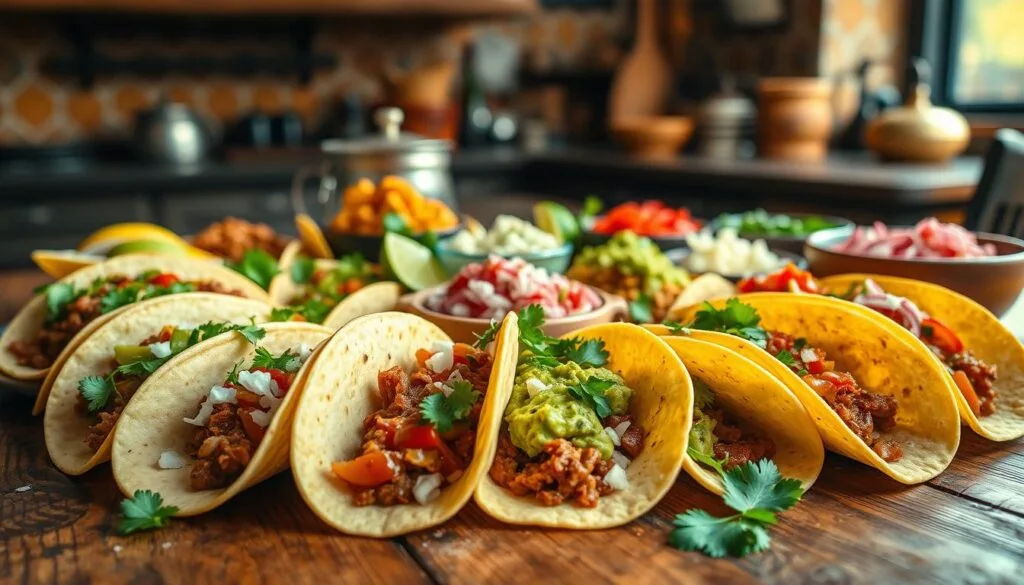 A delightful spread of the most scrumptious taco recipes, meticulously arranged on a rustic wooden table. In the foreground, a selection of soft corn tortillas, bursting with vibrant fillings - tender carnitas, zesty al pastor, and succulent lengua. Garnished with fresh cilantro, diced onions, and a spectrum of salsas, from fiery salsa roja to cool and creamy guacamole. In the middle ground, an array of traditional toppings - crumbled queso fresco, tangy pickled red onions, and lime wedges. The background reveals a warm, inviting kitchen, with hints of terracotta tiles and wrought-iron accents, evoking the vibrant culinary traditions of Mexico. Soft, natural lighting casts a golden glow, capturing the mouthwatering essence of these best taco recipes. A delightful spread of the most scrumptious taco recipes, meticulously arranged on a rustic wooden table. In the foreground, a selection of soft corn tortillas, bursting with vibrant fillings - tender carnitas, zesty al pastor, and succulent lengua. Garnished with fresh cilantro, diced onions, and a spectrum of salsas, from fiery salsa roja to cool and creamy guacamole. In the middle ground, an array of traditional toppings - crumbled queso fresco, tangy pickled red onions, and lime wedges. The background reveals a warm, inviting kitchen, with hints of terracotta tiles and wrought-iron accents, evoking the vibrant culinary traditions of Mexico. Soft, natural lighting casts a golden glow, capturing the mouthwatering essence of these best taco recipes.