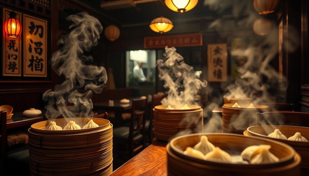 A dimly lit Cantonese tea house, its wooden tables adorned with delicate bamboo steamers. Wisps of fragrant steam rise, revealing the rich history of Chinese dim sum - flaky buns, delicate dumplings, and savory morsels. The scene is bathed in warm, golden light, casting a cozy, nostalgic atmosphere. In the background, Cantonese calligraphy and vintage posters hint at the centuries-old traditions of this beloved culinary art. A wide-angle lens captures the bustling energy, while a shallow depth of field focuses the viewer's attention on the meticulously crafted dishes, inviting them to savor the flavors of this timeless cuisine.
