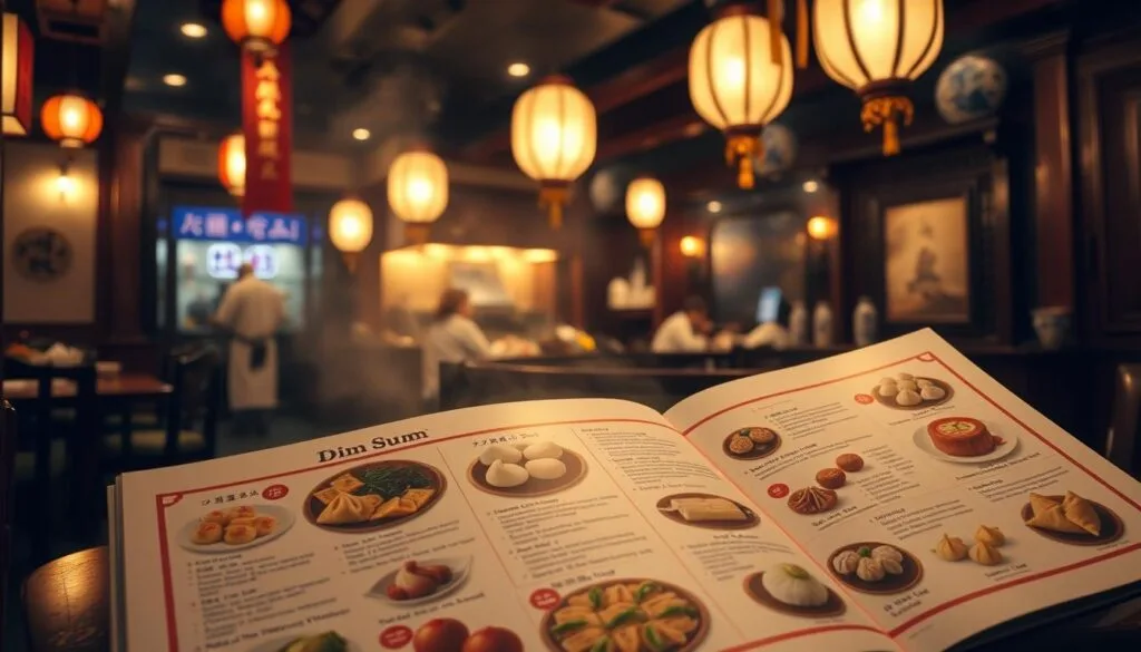 A dimly lit Chinese restaurant, the soft glow of lanterns casting a warm ambiance. A traditional dim sum menu lies open, showcasing an array of delectable steamed dumplings, buns, and delicacies. The foreground features a close-up view of the menu, with detailed illustrations of classic dim sum offerings like char siu bao, har gow, and lotus leaf-wrapped rice. The middle ground reveals the bustling kitchen, chefs skillfully preparing the dishes. In the background, the restaurant's elegant decor, including intricate wood carvings and delicate porcelain, creates an authentic Chinese atmosphere. The overall scene evokes a sense of culinary adventure and cultural immersion, inviting the viewer to explore the vibrant world of dim sum.