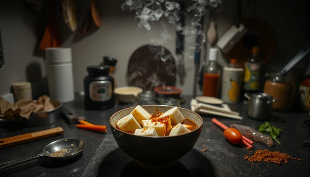A dimly lit kitchen counter, with various cooking utensils and ingredients scattered haphazardly. In the center, a steaming bowl of Mapo Tofu, but something is amiss - the tofu is overcooked, the sauce is too thick, and the balance of flavors is off. The scene conveys a sense of frustration and culinary misstep, highlighting the common pitfalls that can arise when preparing this iconic Sichuan dish. A dimly lit kitchen counter, with various cooking utensils and ingredients scattered haphazardly. In the center, a steaming bowl of Mapo Tofu, but something is amiss - the tofu is overcooked, the sauce is too thick, and the balance of flavors is off. The scene conveys a sense of frustration and culinary misstep, highlighting the common pitfalls that can arise when preparing this iconic Sichuan dish.