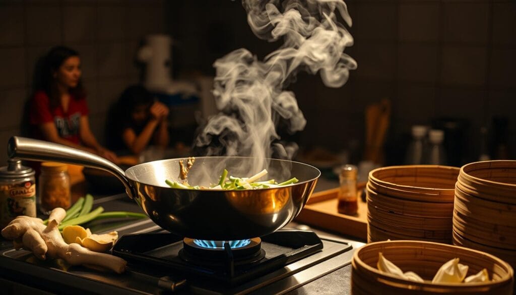 A dimly lit kitchen interior, with a stainless steel wok on a gas stove emitting billowing wisps of steam. Slices of fresh ginger, garlic, and scallions are arranged neatly around the wok, ready to be added to the sizzling oil. The countertop is cluttered with a variety of Asian spices and seasonings, hinting at the authentic flavors to come. A bamboo steamer basket sits nearby, suggesting a complete meal in the making. The scene is bathed in a warm, golden light, creating a cozy and inviting atmosphere, perfect for preparing a delectable stir-fry dish. A dimly lit kitchen interior, with a stainless steel wok on a gas stove emitting billowing wisps of steam. Slices of fresh ginger, garlic, and scallions are arranged neatly around the wok, ready to be added to the sizzling oil. The countertop is cluttered with a variety of Asian spices and seasonings, hinting at the authentic flavors to come. A bamboo steamer basket sits nearby, suggesting a complete meal in the making. The scene is bathed in a warm, golden light, creating a cozy and inviting atmosphere, perfect for preparing a delectable stir-fry dish.