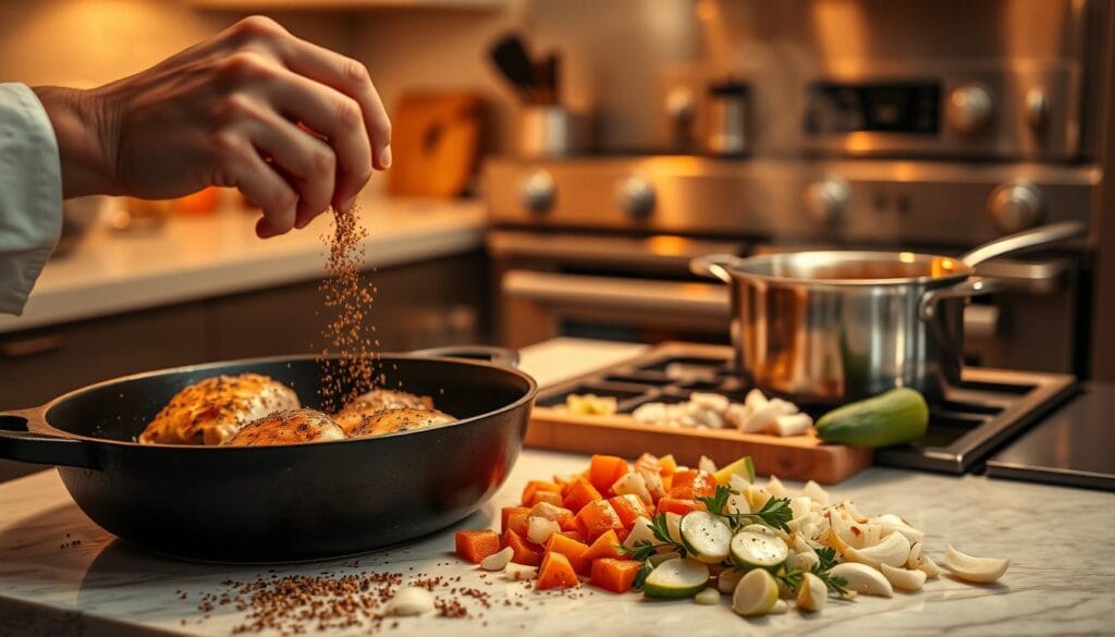 A kitchen countertop, bathed in warm, golden light, serves as the stage for a culinary performance. In the foreground, a skilled hand delicately seasons tender chicken thighs, the skin sizzling as they brown in a cast-iron skillet. Fragrant herbs and spices fill the air, complementing the rich, velvety sauce simmering gently in a saucepan nearby. The middle ground showcases an array of expertly chopped vegetables - onions, garlic, and aromatic roots - ready to be added to the mix, while in the background, a sleek, professional-grade stove and oven provide the perfect canvas for this gastronomic masterpiece. The scene exudes an atmosphere of focused culinary expertise, where every technique and ingredient is meticulously considered to create a dish that delights the senses. A kitchen countertop, bathed in warm, golden light, serves as the stage for a culinary performance. In the foreground, a skilled hand delicately seasons tender chicken thighs, the skin sizzling as they brown in a cast-iron skillet. Fragrant herbs and spices fill the air, complementing the rich, velvety sauce simmering gently in a saucepan nearby. The middle ground showcases an array of expertly chopped vegetables - onions, garlic, and aromatic roots - ready to be added to the mix, while in the background, a sleek, professional-grade stove and oven provide the perfect canvas for this gastronomic masterpiece. The scene exudes an atmosphere of focused culinary expertise, where every technique and ingredient is meticulously considered to create a dish that delights the senses.