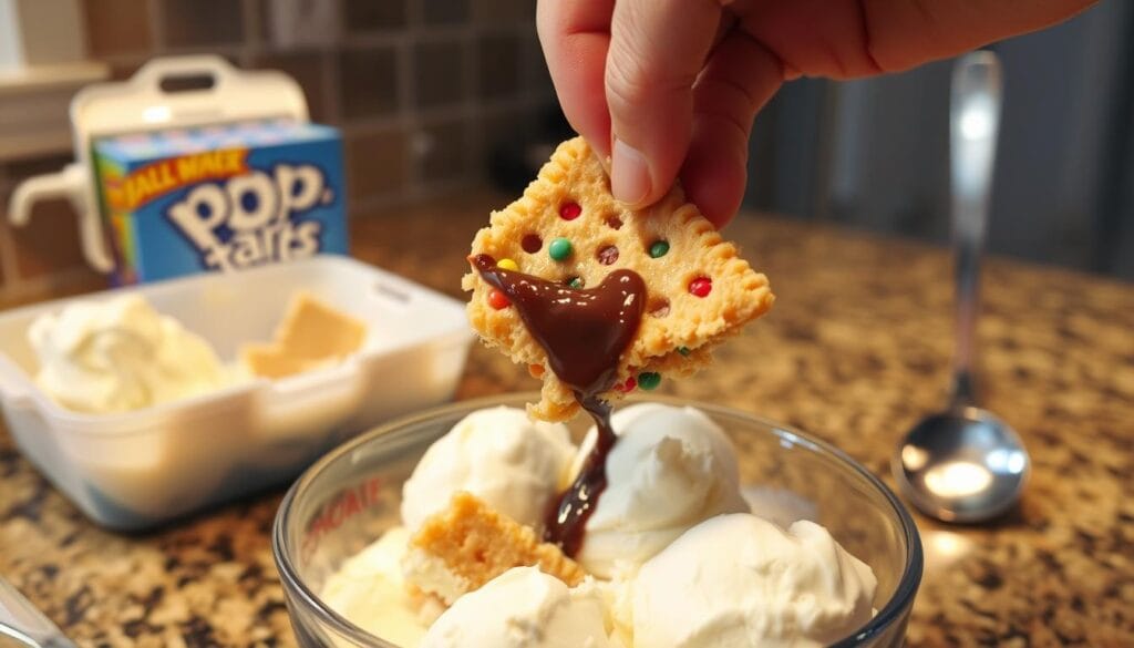 A kitchen countertop showcases the process of making Pop-Tart ice cream. In the foreground, a hand gently crumbles a colorful Pop-Tart into a bowl, the flaky pastry mixing with scoops of creamy vanilla ice cream. The middle ground features an open carton of ice cream, its lid askew, and a drizzle of chocolate syrup ready to be added. In the background, a gleaming metal spoon stands upright, anticipating the final swirling of the ingredients. Warm, golden lighting illuminates the scene, enhancing the homemade charm. The overall mood is one of playful experimentation, as the viewer is invited to imagine the delightful fusion of classic Pop-Tart flavors and the refreshing chill of ice cream.