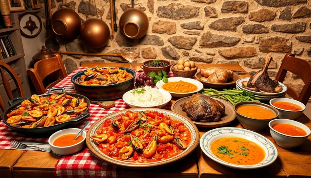 A large wooden table set with traditional Spanish dishes, including paella overflowing with seafood, juicy roasted lamb, and colorful gazpacho. The table is adorned with a vibrant red-and-white checkered tablecloth, and the background features a rustic stone wall with hanging copper pots and pans. Soft, warm lighting casts a cozy glow over the scene, evoking the atmosphere of a special family gathering. The image conveys the richness and festivities of a traditional Spanish dinner, perfect for celebrating a momentous occasion.