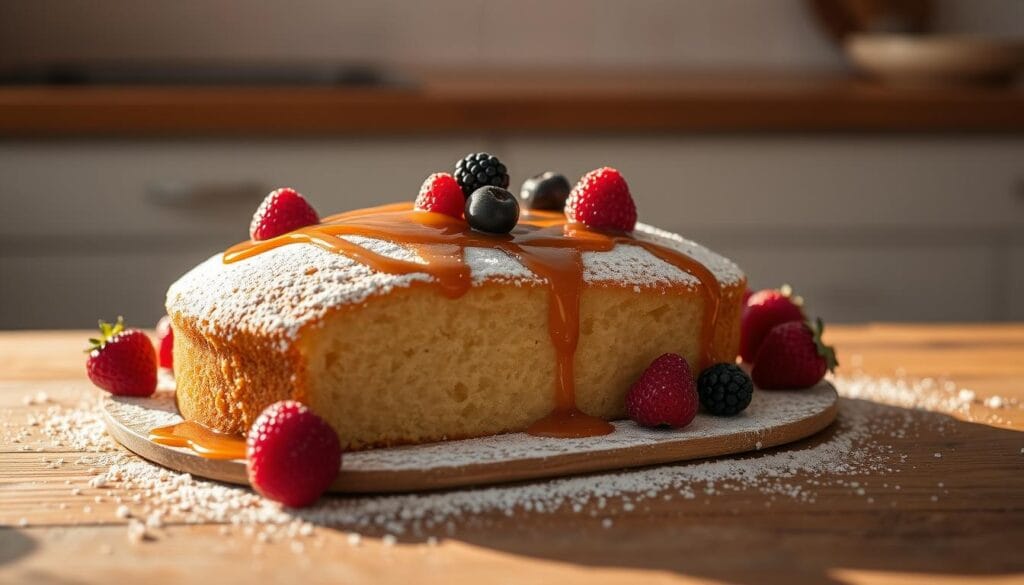 A luscious three-milk cake on a rustic wooden surface, with fresh berries, a dusting of powdered sugar, and a drizzle of caramel sauce. The scene is bathed in warm, directional lighting, casting soft shadows and highlighting the cake's moist, spongy texture. In the background, a minimalist kitchen counter or tabletop creates a simple, uncluttered backdrop, allowing the cake to be the star of the composition. The overall mood is one of indulgence, comfort, and attention to detail, capturing the essence of a perfectly executed tres leches cake.