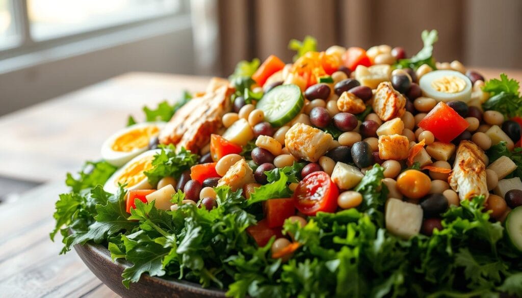 A lush, vibrant protein-packed salad fills the frame, its ingredients arranged with artistic flair. In the foreground, a generous pile of mixed greens - kale, spinach, and arugula - serve as the base. Scattered throughout are protein-rich elements like boiled eggs, grilled chicken, and an assortment of beans - kidney, garbanzo, and lima. The middle ground features diced tomatoes, sliced cucumber, and shredded carrots, adding pops of color and crunch. The background hints at a rustic wooden table, with natural lighting casting a warm, inviting glow over the scene. The overall composition exudes a sense of wholesome, nutrition-dense appeal, perfectly capturing the benefits of a dense bean salad. A lush, vibrant protein-packed salad fills the frame, its ingredients arranged with artistic flair. In the foreground, a generous pile of mixed greens - kale, spinach, and arugula - serve as the base. Scattered throughout are protein-rich elements like boiled eggs, grilled chicken, and an assortment of beans - kidney, garbanzo, and lima. The middle ground features diced tomatoes, sliced cucumber, and shredded carrots, adding pops of color and crunch. The background hints at a rustic wooden table, with natural lighting casting a warm, inviting glow over the scene. The overall composition exudes a sense of wholesome, nutrition-dense appeal, perfectly capturing the benefits of a dense bean salad.