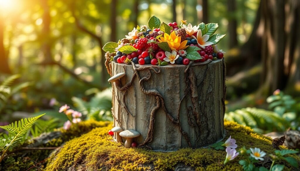A masterfully crafted nature-inspired cake with intricate details, featuring organic textures and vibrant colors. The dessert stands upon a mossy forest floor, surrounded by lush ferns, blooming wildflowers, and dappled sunlight filtering through the canopy. The cake's surface emulates the bark of a tree, with delicate mushrooms and vines crawling along the sides. Atop the creation, a cascade of vibrant berries, edible flowers, and glistening leaves create a breathtaking centerpiece. The scene is captured through a warm, soft-focus lens, exuding a sense of whimsy and wonder, perfect for a unique birthday celebration. A masterfully crafted nature-inspired cake with intricate details, featuring organic textures and vibrant colors. The dessert stands upon a mossy forest floor, surrounded by lush ferns, blooming wildflowers, and dappled sunlight filtering through the canopy. The cake's surface emulates the bark of a tree, with delicate mushrooms and vines crawling along the sides. Atop the creation, a cascade of vibrant berries, edible flowers, and glistening leaves create a breathtaking centerpiece. The scene is captured through a warm, soft-focus lens, exuding a sense of whimsy and wonder, perfect for a unique birthday celebration.