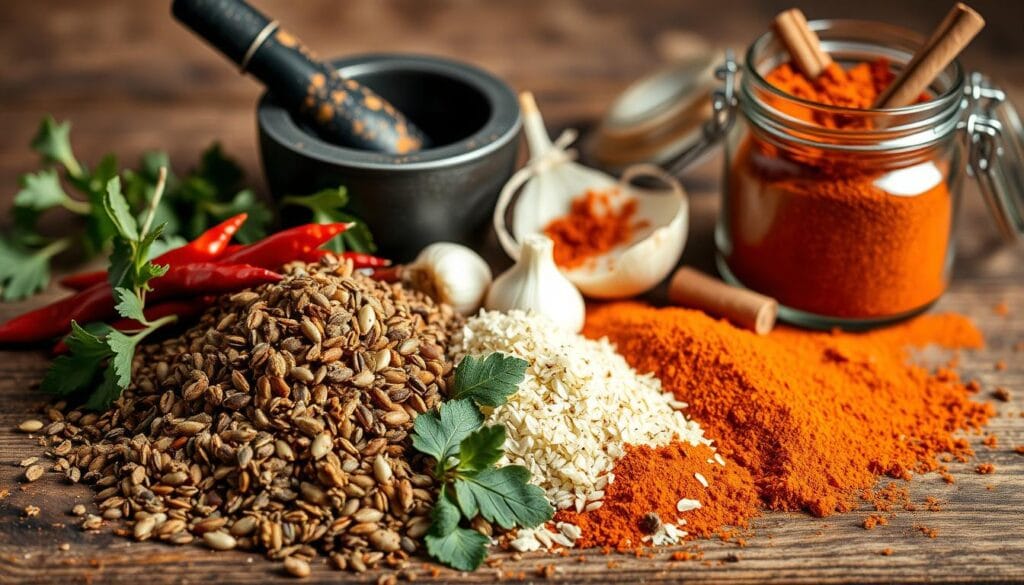A meticulously arranged still life of taco seasoning ingredients on a rustic wooden surface. In the foreground, a pile of dried chili peppers, cumin seeds, and oregano leaves. In the middle ground, garlic cloves, onion slices, and a small mortar and pestle. In the background, a dark glass jar filled with paprika powder and a pinch of cinnamon stick. Soft, natural lighting casts a warm glow, highlighting the earthy tones and textures of the spices. The composition evokes the flavors and aromas of authentic Mexican cuisine, inviting the viewer to craft their own flavorful taco seasoning.
