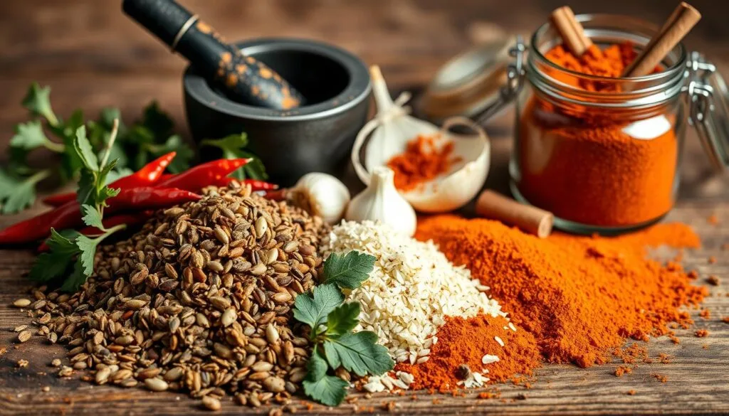 A meticulously arranged still life of taco seasoning ingredients on a rustic wooden surface. In the foreground, a pile of dried chili peppers, cumin seeds, and oregano leaves. In the middle ground, garlic cloves, onion slices, and a small mortar and pestle. In the background, a dark glass jar filled with paprika powder and a pinch of cinnamon stick. Soft, natural lighting casts a warm glow, highlighting the earthy tones and textures of the spices. The composition evokes the flavors and aromas of authentic Mexican cuisine, inviting the viewer to craft their own flavorful taco seasoning.