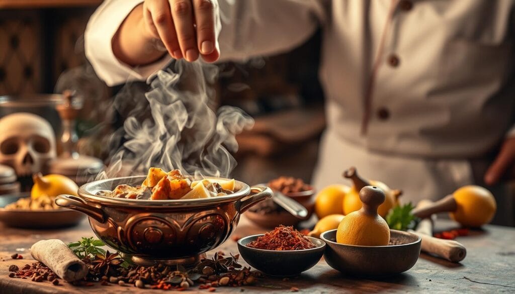 A meticulously crafted image showcasing traditional Moroccan cooking techniques, capturing the essence of a Tagine dish. In the foreground, a skilled chef deftly manipulates a copper Tagine pot, revealing the rich, aromatic steam rising from the simmering contents. The middle ground features an array of spices, herbs, and preserved lemons, the vibrant colors and textures contrasting with the worn, earthen tones of the background. Subtle lighting casts a warm, amber glow, creating a sense of timelessness and cultural heritage. The scene is infused with a palpable atmosphere of culinary mastery, highlighting the centuries-old traditions that define Moroccan cuisine.