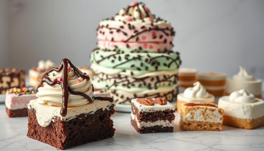 A mouthwatering arrangement of classic ice cream cake flavors. In the foreground, a slice of rich chocolate cake is topped with a swirl of creamy vanilla ice cream, drizzled with decadent fudge. In the middle, a towering round cake displays layers of strawberry, mint chip, and cookies and cream ice creams, adorned with colorful sprinkles. In the background, an assortment of individual ice cream cakes in flavors like rocky road, butter pecan, and lemon meringue rest on a white marble surface, bathed in soft, natural lighting. The overall scene evokes a feeling of nostalgic indulgence, perfect for a special occasion or a delightful homemade treat.