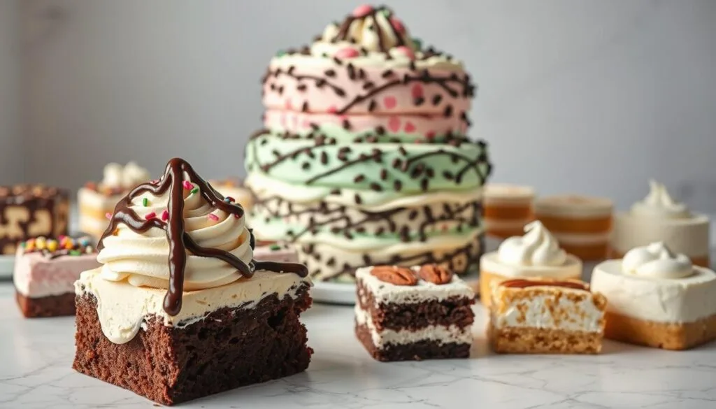 A mouthwatering arrangement of classic ice cream cake flavors. In the foreground, a slice of rich chocolate cake is topped with a swirl of creamy vanilla ice cream, drizzled with decadent fudge. In the middle, a towering round cake displays layers of strawberry, mint chip, and cookies and cream ice creams, adorned with colorful sprinkles. In the background, an assortment of individual ice cream cakes in flavors like rocky road, butter pecan, and lemon meringue rest on a white marble surface, bathed in soft, natural lighting. The overall scene evokes a feeling of nostalgic indulgence, perfect for a special occasion or a delightful homemade treat.