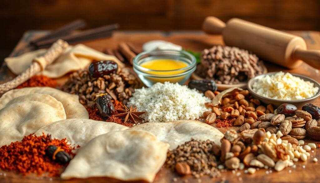 A neatly arranged assortment of traditional Briouats ingredients on a rustic wooden table. In the foreground, flaky pastry dough, fragrant spices, and a variety of savory and sweet fillings such as ground meat, cheese, dates, and nuts. In the middle ground, a small bowl of melted butter and a rolling pin, hinting at the preparation process. The background is softly blurred, emphasizing the focus on the key components. Warm, golden lighting casts a cozy glow, capturing the authentic, homemade essence of Briouats. The overall composition evokes an inviting, appetizing atmosphere, perfectly suited to illustrate the "Ingredients Used in Briouats" section.