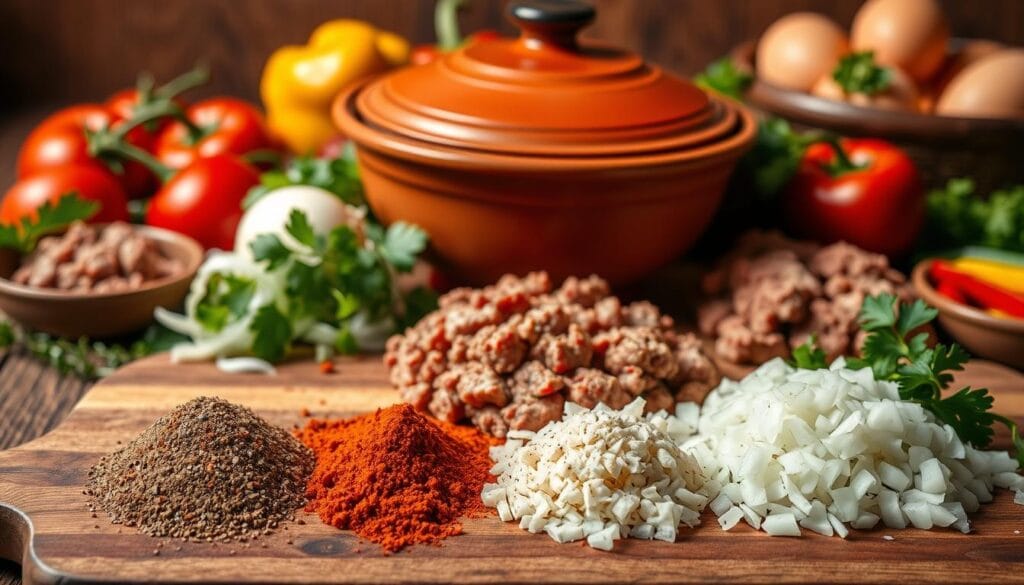 A neatly arranged still life depicting the essential ingredients for Moroccan Kefta Tagine. In the foreground, a wooden cutting board showcases freshly ground spices - cumin, paprika, coriander, and a pinch of saffron. Surrounding the spices are piles of ground beef, finely chopped onions, and fragrant parsley. In the middle ground, a tagine pot takes center stage, its terracotta exterior subtly reflecting the warm, golden lighting. In the background, a vibrant display of tomatoes, bell peppers, and eggs, hinting at the complete dish. The overall scene evokes the rich, aromatic flavors of Moroccan cuisine, captured in a clean, minimalist composition. A neatly arranged still life depicting the essential ingredients for Moroccan Kefta Tagine. In the foreground, a wooden cutting board showcases freshly ground spices - cumin, paprika, coriander, and a pinch of saffron. Surrounding the spices are piles of ground beef, finely chopped onions, and fragrant parsley. In the middle ground, a tagine pot takes center stage, its terracotta exterior subtly reflecting the warm, golden lighting. In the background, a vibrant display of tomatoes, bell peppers, and eggs, hinting at the complete dish. The overall scene evokes the rich, aromatic flavors of Moroccan cuisine, captured in a clean, minimalist composition.