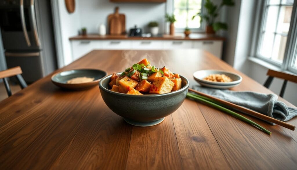 A neatly arranged wooden table with a bowl of steaming hot Mapo Tofu in the center, garnished with fresh scallions and a sprinkle of Sichuan peppercorns. In the background, a simple yet elegant kitchen setting with minimal decor, natural light filtering in through a window, and a clean, muted color palette to emphasize the vibrant hues of the dish. The camera angle is slightly elevated, capturing the dish from an overhead perspective to showcase its delectable appearance. The lighting is soft and diffused, creating a warm, inviting atmosphere that evokes the comforting nature of this authentic Sichuan delicacy. A neatly arranged wooden table with a bowl of steaming hot Mapo Tofu in the center, garnished with fresh scallions and a sprinkle of Sichuan peppercorns. In the background, a simple yet elegant kitchen setting with minimal decor, natural light filtering in through a window, and a clean, muted color palette to emphasize the vibrant hues of the dish. The camera angle is slightly elevated, capturing the dish from an overhead perspective to showcase its delectable appearance. The lighting is soft and diffused, creating a warm, inviting atmosphere that evokes the comforting nature of this authentic Sichuan delicacy.