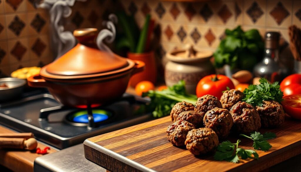 A rustic Moroccan kitchen scene, a traditional tagine pot simmering on a stove with steam rising, surrounded by aromatic spices, herbs, and fresh produce. In the foreground, a wooden cutting board displays neatly arranged kefta meatballs, their rich brown color contrasting with the vibrant red tomatoes and green cilantro. Warm, soft lighting illuminates the scene, creating a cozy, inviting atmosphere. The background features a tiled wall, adding to the authentic Moroccan aesthetic. The composition emphasizes the step-by-step preparation of the kefta tagine, showcasing the essential ingredients and the traditional cookware used in this classic Moroccan dish. A rustic Moroccan kitchen scene, a traditional tagine pot simmering on a stove with steam rising, surrounded by aromatic spices, herbs, and fresh produce. In the foreground, a wooden cutting board displays neatly arranged kefta meatballs, their rich brown color contrasting with the vibrant red tomatoes and green cilantro. Warm, soft lighting illuminates the scene, creating a cozy, inviting atmosphere. The background features a tiled wall, adding to the authentic Moroccan aesthetic. The composition emphasizes the step-by-step preparation of the kefta tagine, showcasing the essential ingredients and the traditional cookware used in this classic Moroccan dish.