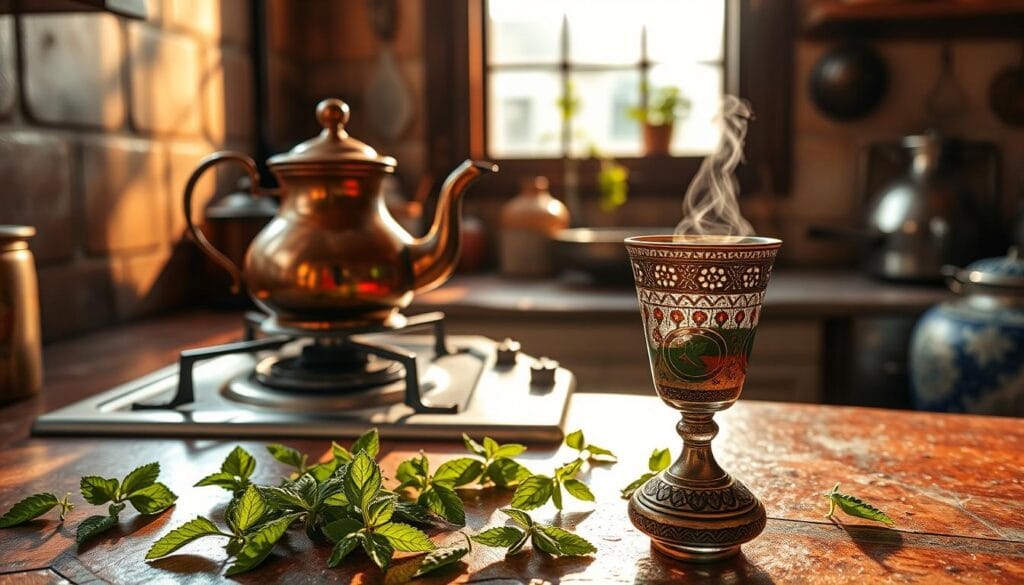 A rustic Moroccan kitchen with a traditional copper teapot gently simmering on a vintage gas stove. Sprigs of fresh mint leaves are scattered across the counter, their vibrant green hues complementing the warm copper tones. Sunlight streams in through a large window, casting a soft, golden glow over the scene. A traditional Moroccan tea glass, delicately decorated with intricate patterns, stands ready to be filled with the fragrant, steaming mint tea. The atmosphere is one of calm and tranquility, inviting the viewer to experience the timeless ritual of Moroccan tea preparation.
