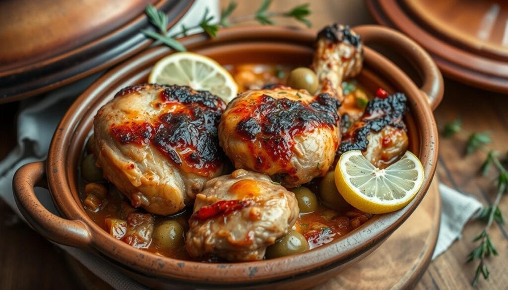 A rustic ceramic tagine dish filled with tender chicken, vibrant vegetables, and a medley of aromatic spices. The chicken is seared to perfection, its golden-brown skin glistening under soft, natural lighting. Preserved lemon wedges and briny green olives dot the fragrant stew, their colors a vibrant contrast against the earthy, ochre-hued sauce. The dish is presented on a wooden table, with a linen napkin and a few sprigs of fresh herbs adding a touch of elegance. The overall composition evokes the flavors and textures of traditional Moroccan cuisine, inviting the viewer to savor the comforting and flavorful Moroccan Chicken Tagine.