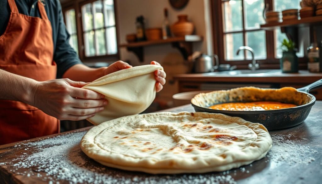 A rustic kitchen counter, bathed in warm, natural light from large windows. In the foreground, an experienced baker carefully kneads and stretches a supple dough, shaping it into thin, flaky layers of Msemen - the traditional Moroccan layered flatbread. Deft hands move with practiced precision, rolling and folding the dough with effortless grace. In the middle ground, a well-seasoned cast-iron pan sizzles with the aroma of toasting Msemen, its golden-brown surfaces glistening. The background suggests a cozy, homely atmosphere, with shelves of spices, herbs, and baking tools hinting at the culinary heritage this bread represents. An intimate, artisanal scene that captures the care and craftsmanship of Msemen bread making for the Rfissa dish. A rustic kitchen counter, bathed in warm, natural light from large windows. In the foreground, an experienced baker carefully kneads and stretches a supple dough, shaping it into thin, flaky layers of Msemen - the traditional Moroccan layered flatbread. Deft hands move with practiced precision, rolling and folding the dough with effortless grace. In the middle ground, a well-seasoned cast-iron pan sizzles with the aroma of toasting Msemen, its golden-brown surfaces glistening. The background suggests a cozy, homely atmosphere, with shelves of spices, herbs, and baking tools hinting at the culinary heritage this bread represents. An intimate, artisanal scene that captures the care and craftsmanship of Msemen bread making for the Rfissa dish.