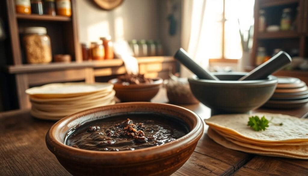 A rustic wooden table, soft evening sunlight streaming through the window, showcasing a homemade mole poblano recipe. In the foreground, a deep ceramic bowl filled with a rich, fragrant sauce, its dark hue punctuated by toasted spices and a hint of chocolate. Beside it, a stack of fresh tortillas, warm and inviting. In the middle ground, a mortar and pestle, the remnants of freshly ground chiles and aromatics. In the background, shelves lined with jars of familiar Mexican ingredients, a testament to the culinary heritage. The scene exudes an atmosphere of authentic, homemade comfort, ready to transport the viewer to the heart of Mexican cuisine.
