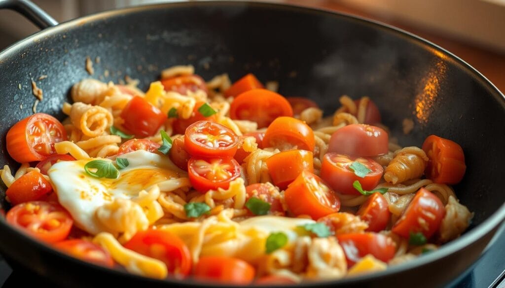 A savory tomato and egg stir-fry takes center stage, sizzling in a wok with a golden-brown crust. Sliced tomatoes burst with juicy richness, mingling with fluffy scrambled eggs and a fragrant blend of garlic, ginger, and soy sauce. The dish is lit by warm, natural lighting, casting a soft, inviting glow and highlighting the vibrant colors. The stir-fry is framed against a simple, uncluttered background, allowing the flavors and textures to shine. The overall mood is one of homely comfort and mouthwatering anticipation, capturing the essence of a quick, easy, and satisfying meal.