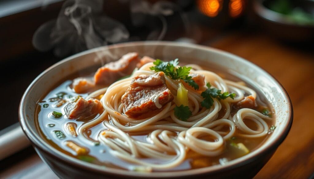 A steaming bowl of fresh, hand-pulled Chinese noodles, glistening with a rich, aromatic broth. The noodles, nestled between tender slices of pork, crisp vegetables, and fragrant herbs, are the centerpiece of this carefully crafted regional dish. Captured in a warm, softly-lit setting, the image conveys the comforting and authentic nature of this traditional Chinese culinary delight. The composition emphasizes the intricate textures and vibrant colors, inviting the viewer to experience the depth of flavor and the artisanal craftsmanship that defines authentic Chinese noodle cuisine.