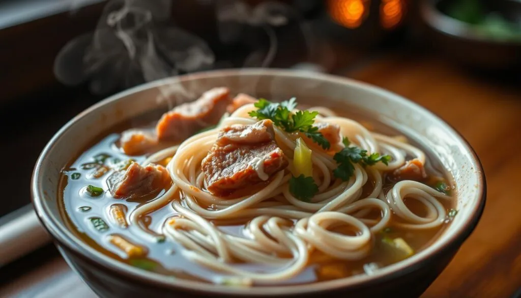 A steaming bowl of fresh, hand-pulled Chinese noodles, glistening with a rich, aromatic broth. The noodles, nestled between tender slices of pork, crisp vegetables, and fragrant herbs, are the centerpiece of this carefully crafted regional dish. Captured in a warm, softly-lit setting, the image conveys the comforting and authentic nature of this traditional Chinese culinary delight. The composition emphasizes the intricate textures and vibrant colors, inviting the viewer to experience the depth of flavor and the artisanal craftsmanship that defines authentic Chinese noodle cuisine. A steaming bowl of fresh, hand-pulled Chinese noodles, glistening with a rich, aromatic broth. The noodles, nestled between tender slices of pork, crisp vegetables, and fragrant herbs, are the centerpiece of this carefully crafted regional dish. Captured in a warm, softly-lit setting, the image conveys the comforting and authentic nature of this traditional Chinese culinary delight. The composition emphasizes the intricate textures and vibrant colors, inviting the viewer to experience the depth of flavor and the artisanal craftsmanship that defines authentic Chinese noodle cuisine.